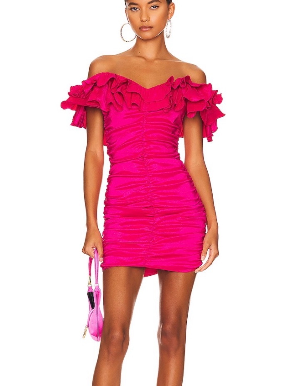 Lovers + Friends Hot Pink One-Shoulder Ruffled Ruched Mini Dress